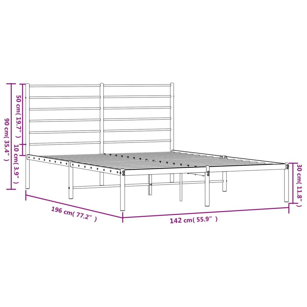 Metal Bed Frame with Headboard Black 137x187 cm Double Size