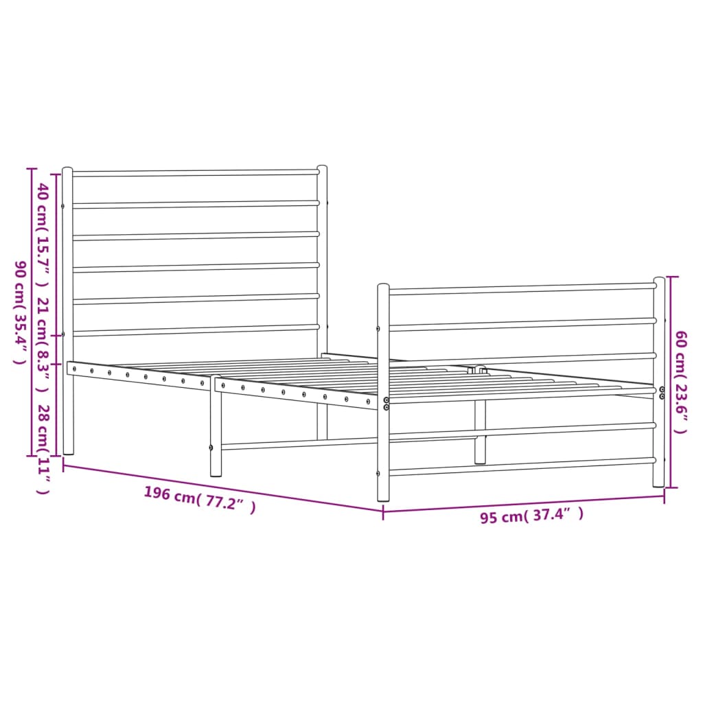 Metal Bed Frame with Headboard and Footboard Black 92x187 cm Single Size