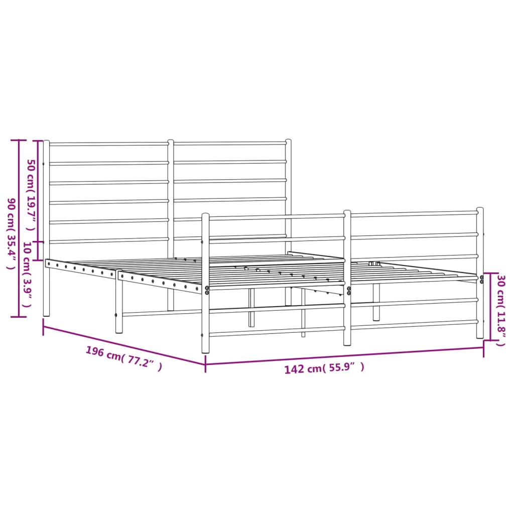 Metal Bed Frame with Headboard and Footboard Black 137x187 cm Double