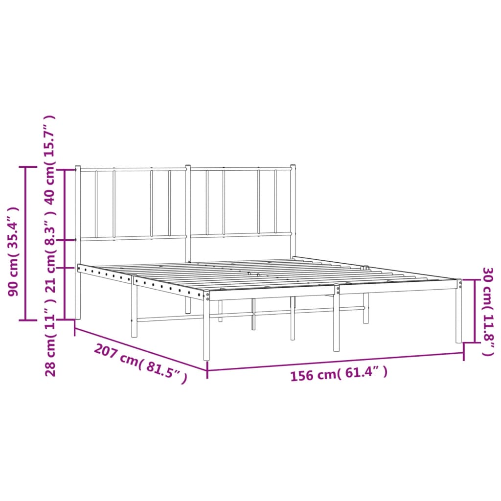 Metal Bed Frame with Headboard Black 153x203 cm Queen Size