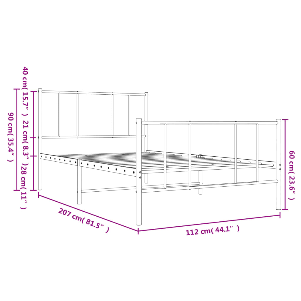 Metal Bed Frame with Headboard and Footboard Black 106x203 cm King Single Size