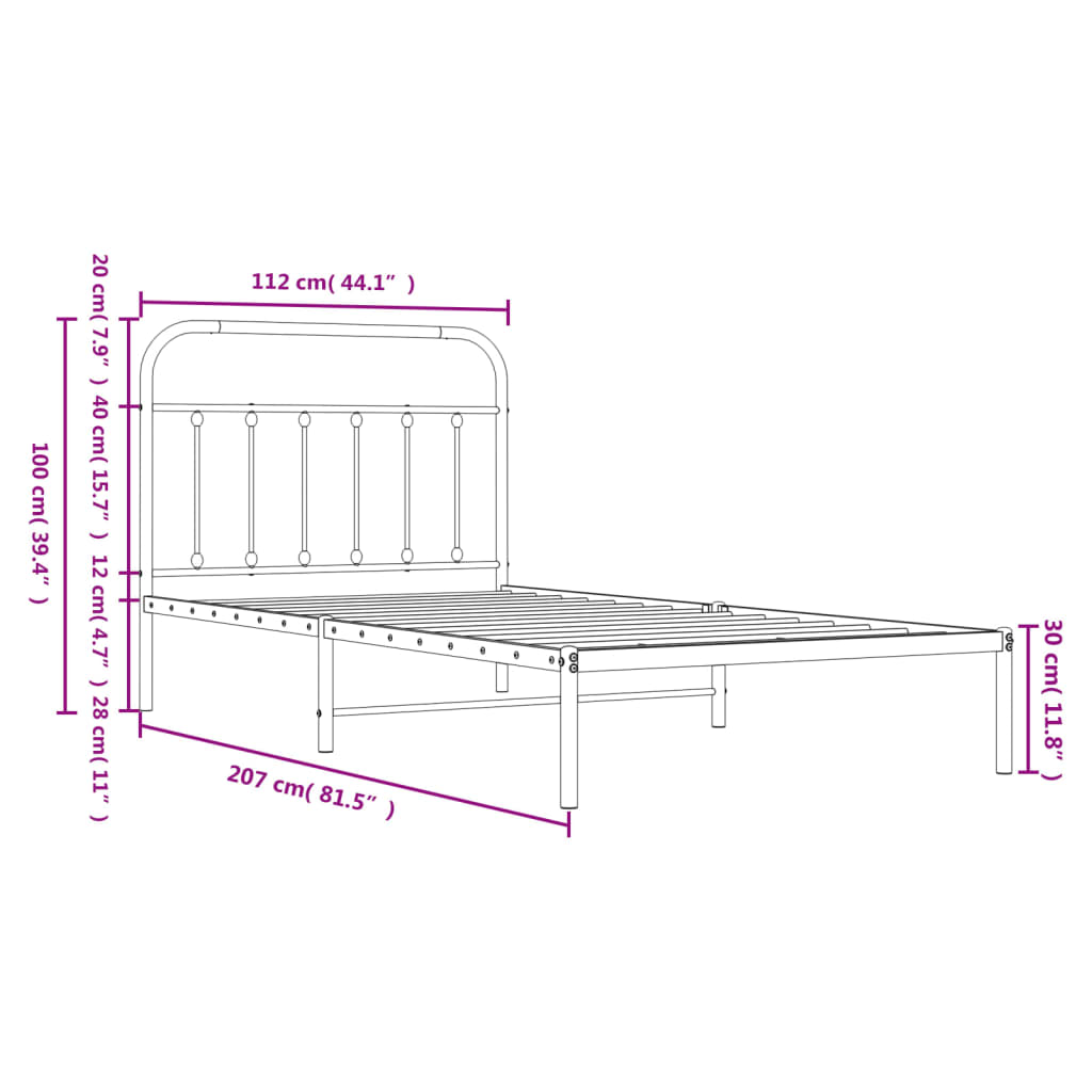 Metal Bed Frame with Headboard Black 106x203 cm King Single Size