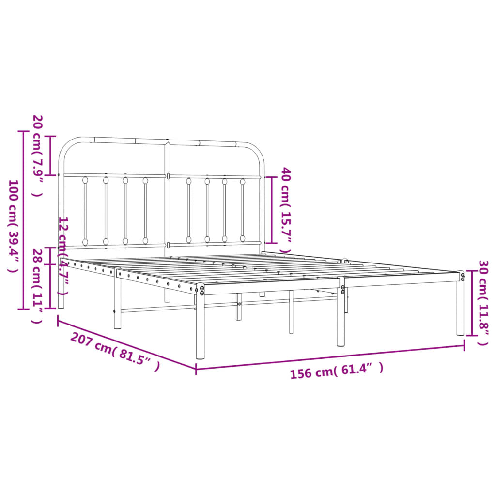 Metal Bed Frame with Headboard Black 153x203 cm Queen Size