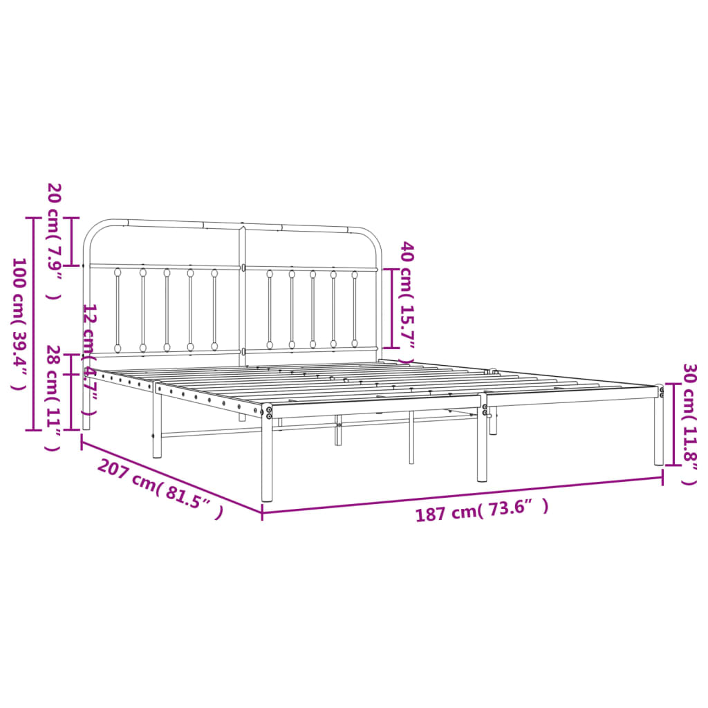 Metal Bed Frame with Headboard Black 183x203 cm King Size