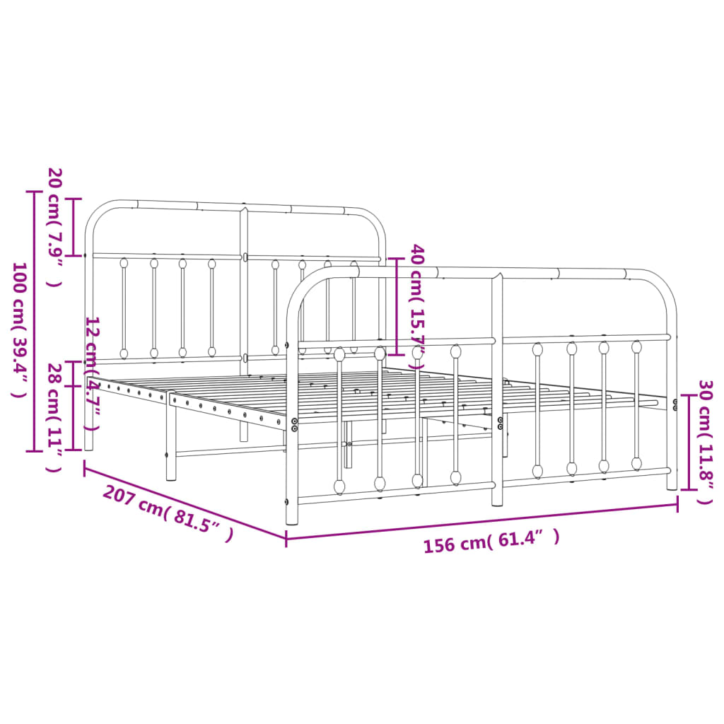 Metal Bed Frame with Headboard and Footboard Black 153x203 cm Queen Size