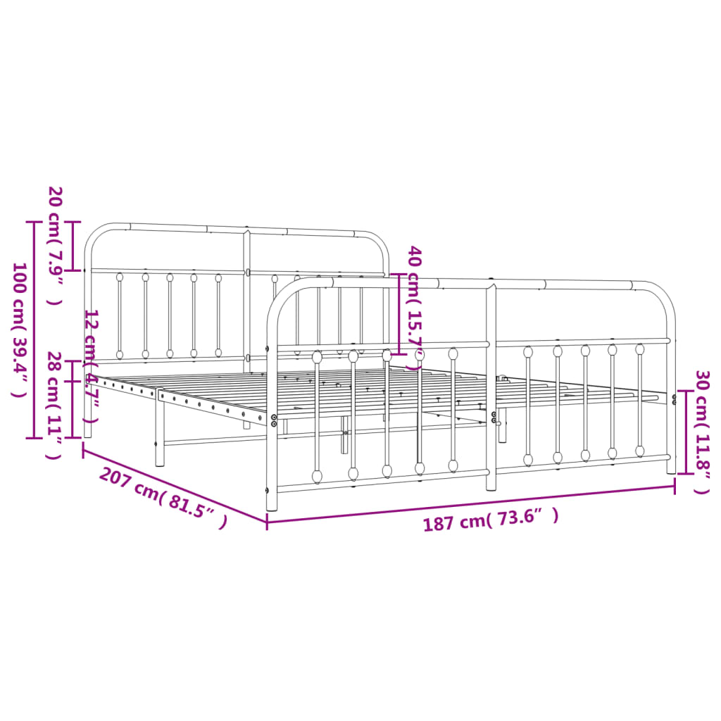 Metal Bed Frame with Headboard and Footboard Black 183x203 cm King Size