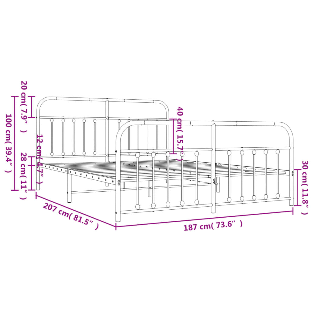 Metal Bed Frame with Headboard and Footboard White 183x203 cm King Size