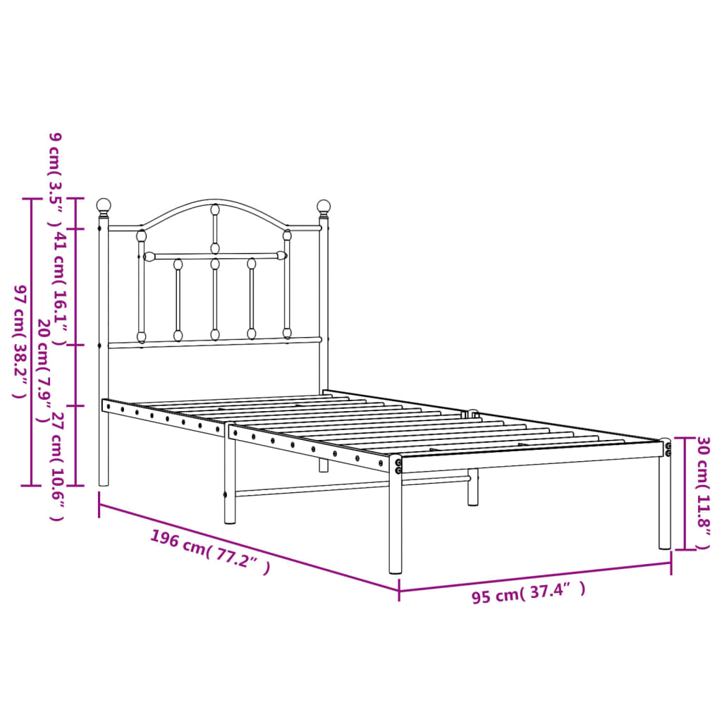 Metal Bed Frame with Headboard Black 92x187 cm Single Size