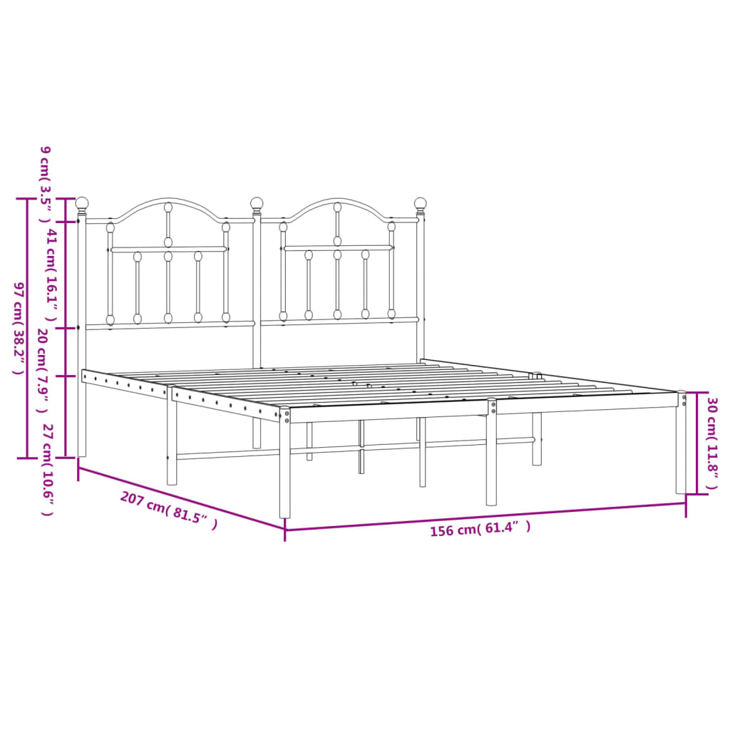 Metal Bed Frame with Headboard Black 153x203 cm Queen Size