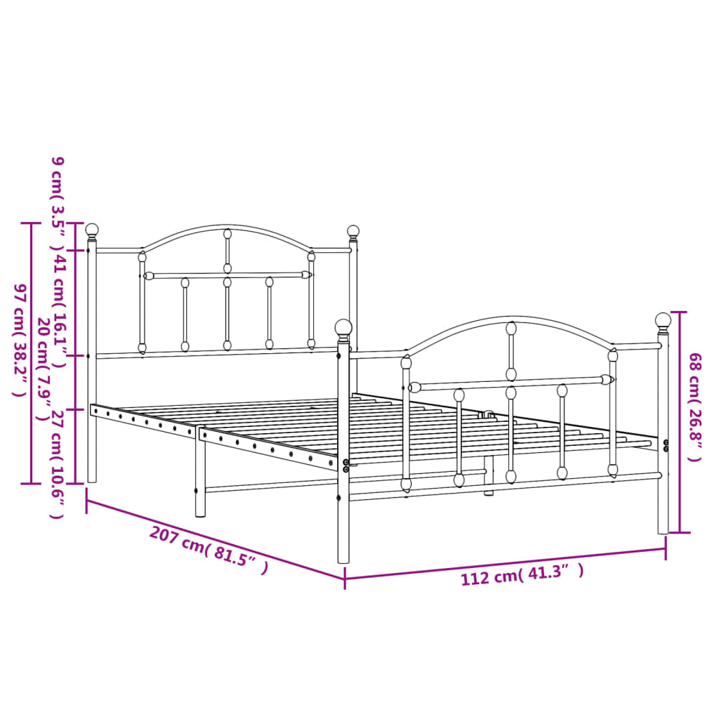 Metal Bed Frame with Headboard and Footboard Black 106x203 cm King Single Size