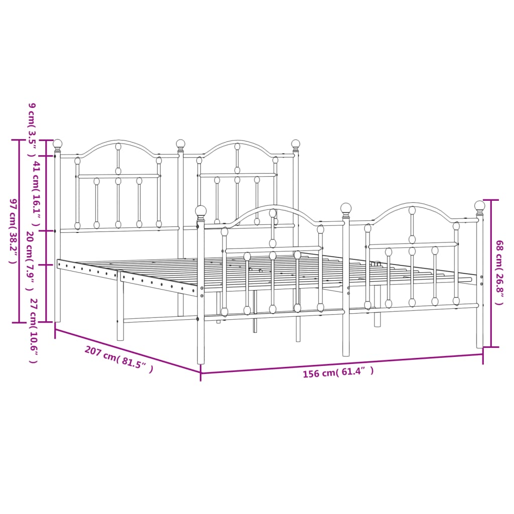 Metal Bed Frame with Headboard and Footboard White 153x203 cm Queen