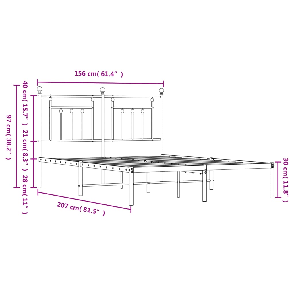 Metal Bed Frame with Headboard Black 153x203 cm Queen Size