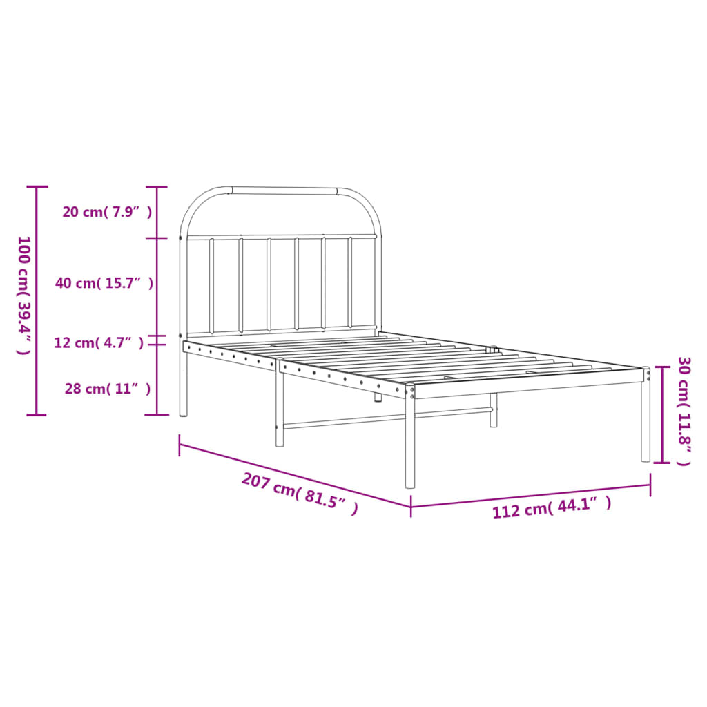 Metal Bed Frame with Headboard Black 107x203 cm