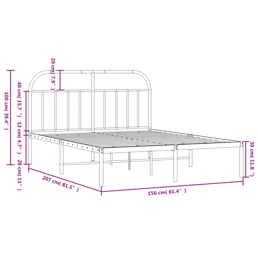 Metal Bed Frame with Headboard Black 153x203 cm Queen Size