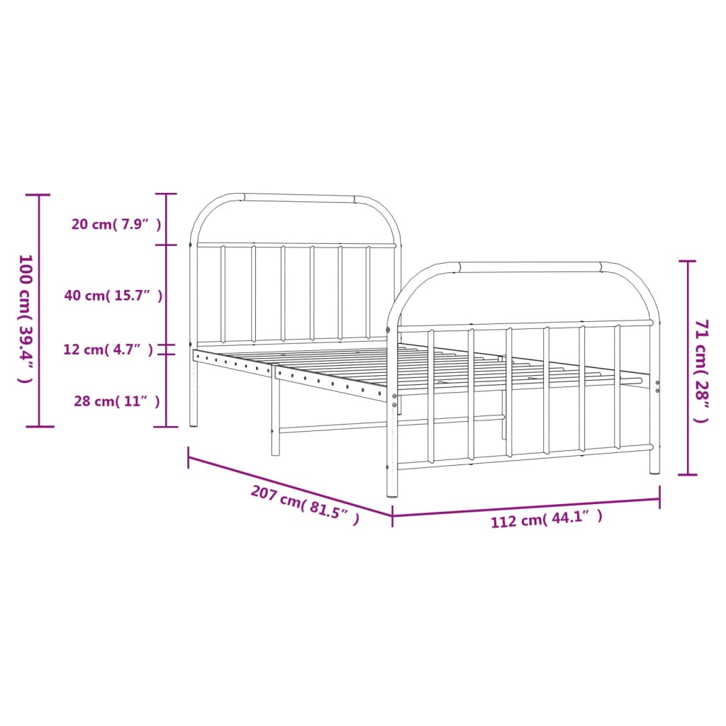 Metal Bed Frame with Headboard and Footboard Black 107x203 cm