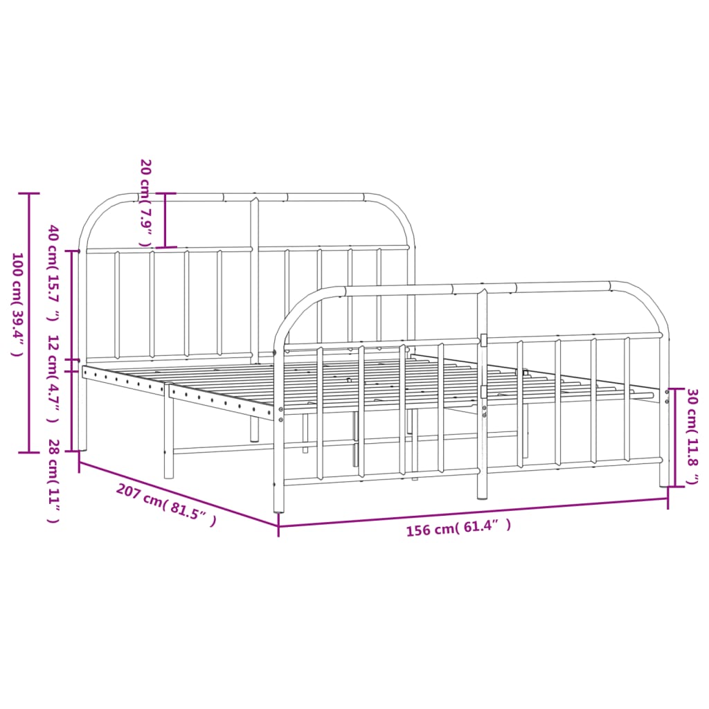 Metal Bed Frame with Headboard and Footboard Black 153x203 cm Queen