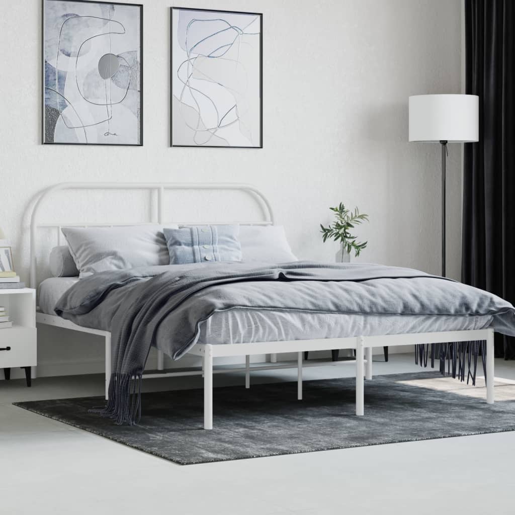 Metal Bed Frame with Headboard White 153x203 cm Queen Size