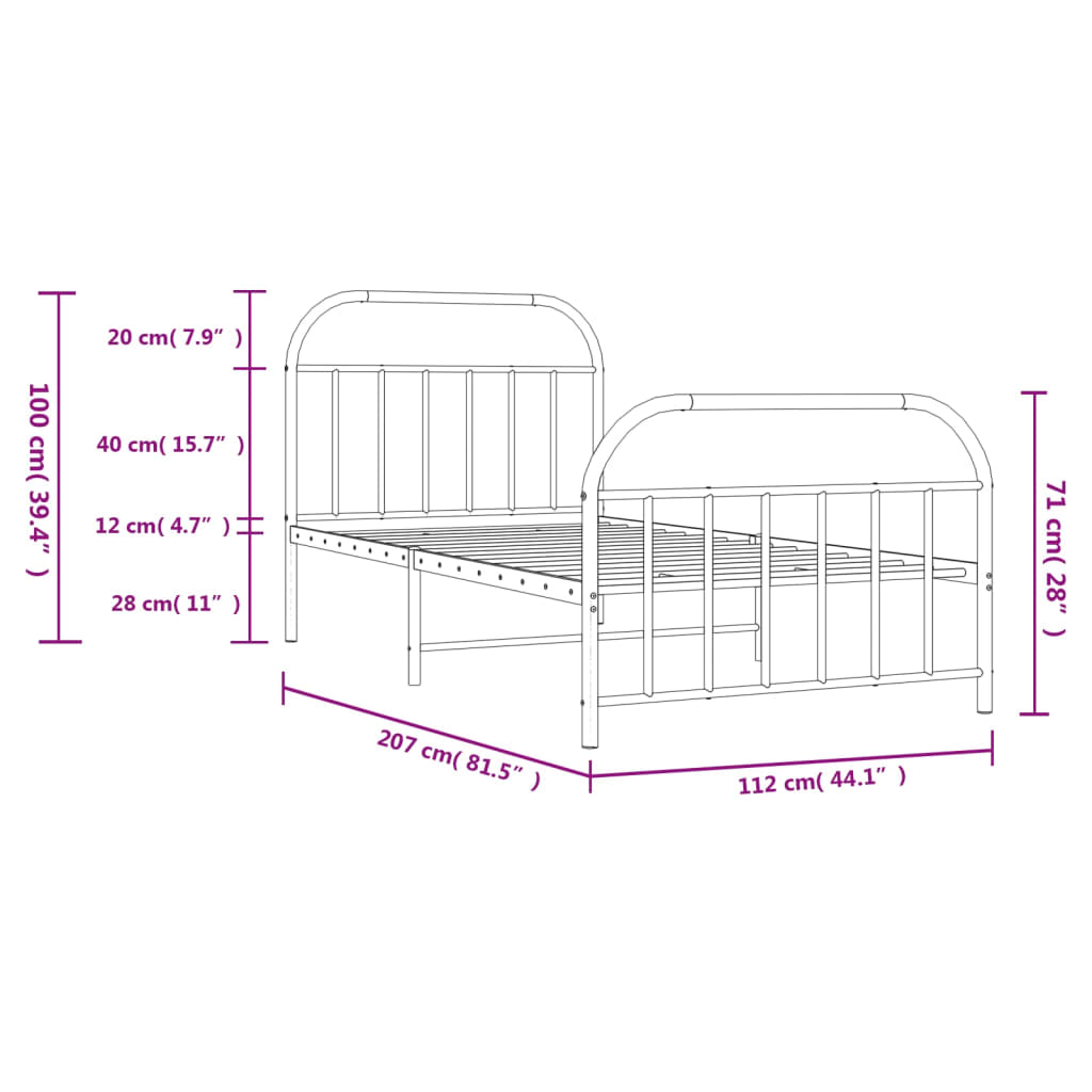 Metal Bed Frame with Headboard and Footboard White 107x203 cm