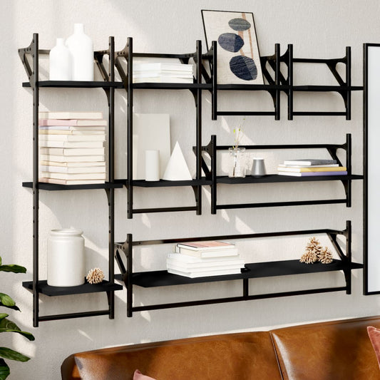 6 Piece Wall Shelf Set with Bars Black Engineered Wood