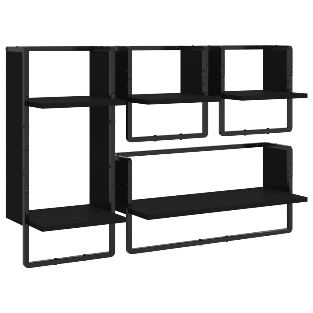 4 Piece Wall Shelf Set with Bars Black Engineered Wood