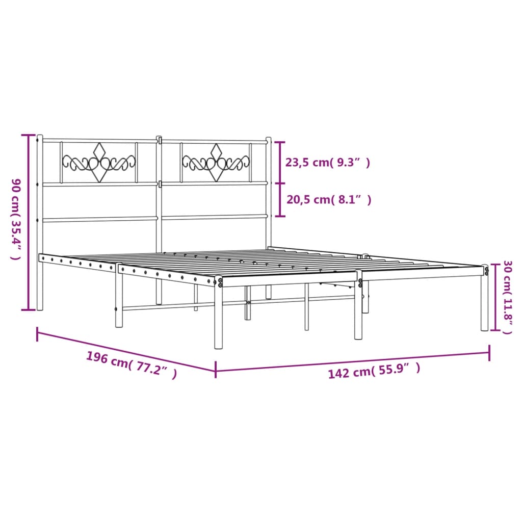 Metal Bed Frame with Headboard Black 135x190 cm