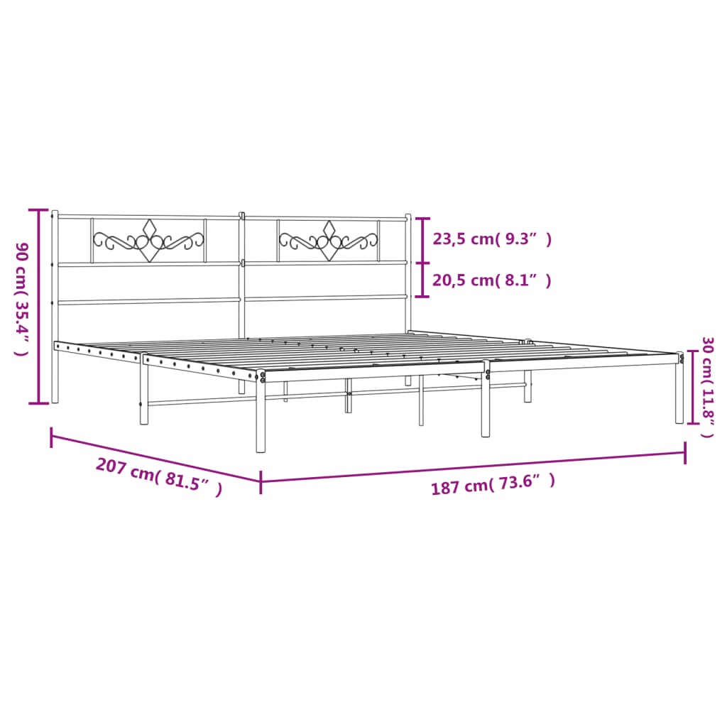 Metal Bed Frame with Headboard Black 183x203 cm King Size