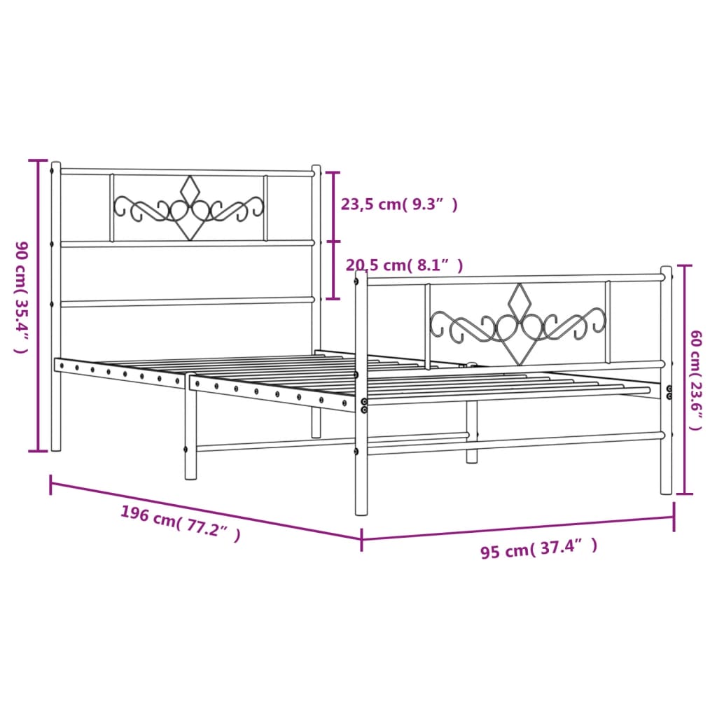 Metal Bed Frame with Headboard and Footboard Black 92x187 cm Single Size