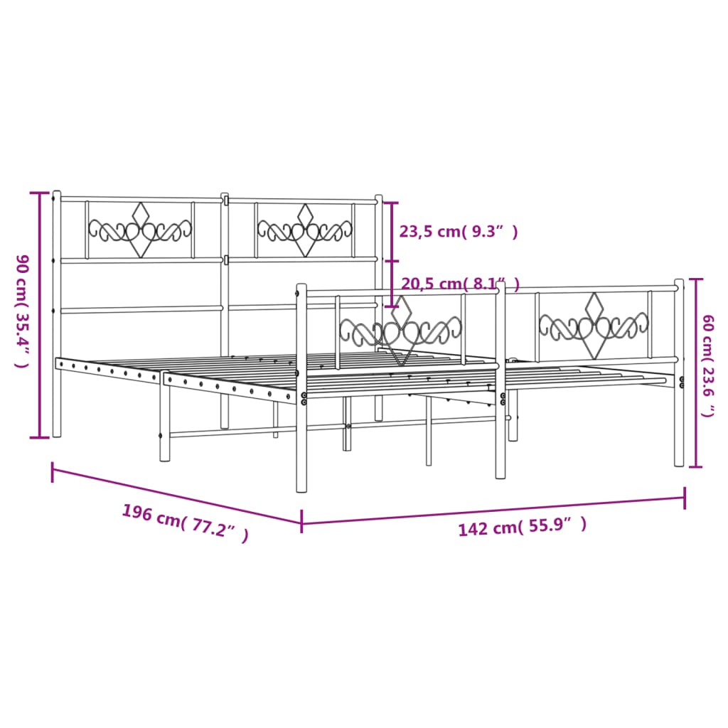 Metal Bed Frame with Headboard and Footboard Black 135x190 cm