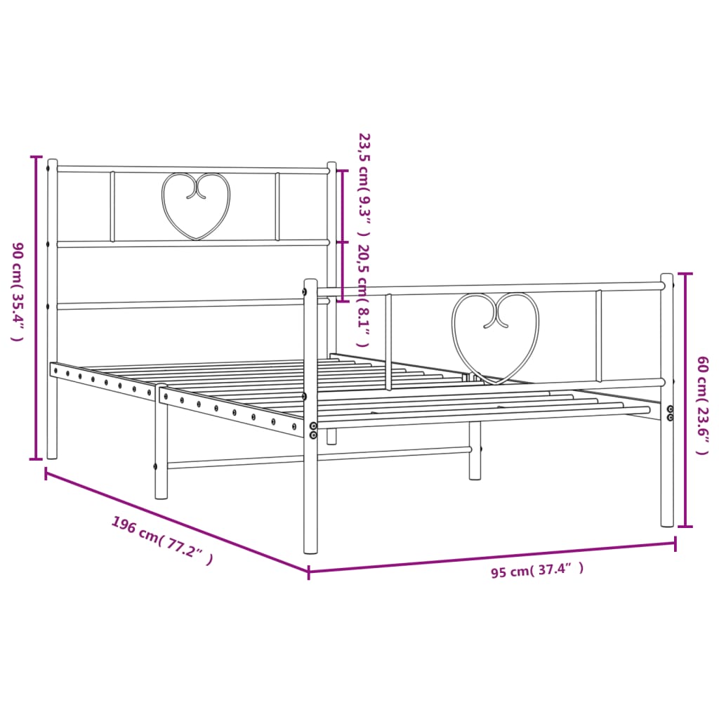 Metal Bed Frame with Headboard and Footboard Black 92x187 cm Single Size