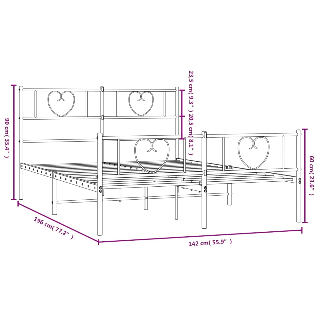 Metal Bed Frame with Headboard and Footboard Black 135x190 cm