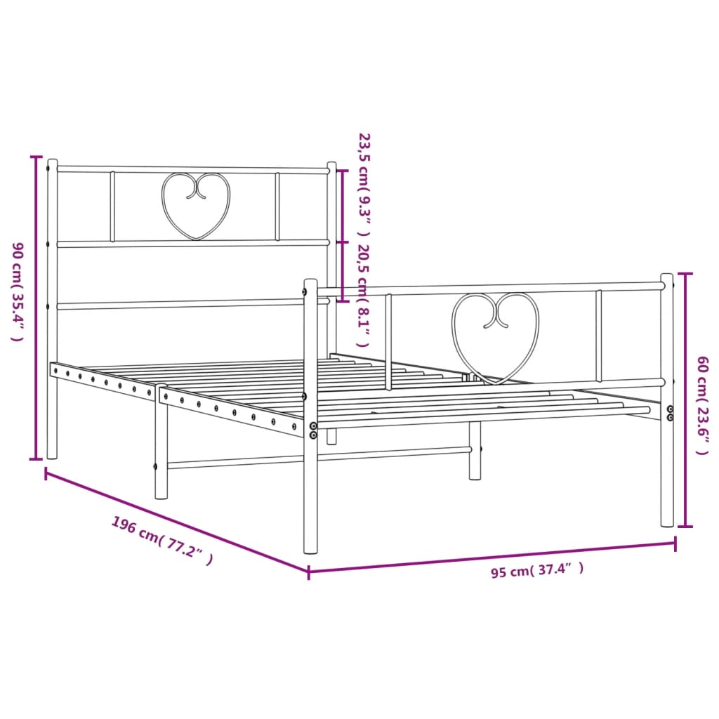 Metal Bed Frame with Headboard and Footboard White 92x187 cm Single Size