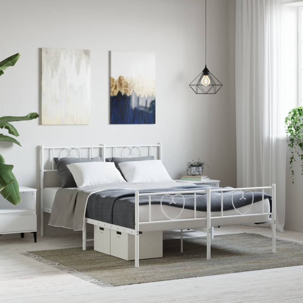 Metal Bed Frame with Headboard and Footboard White 135x190 cm