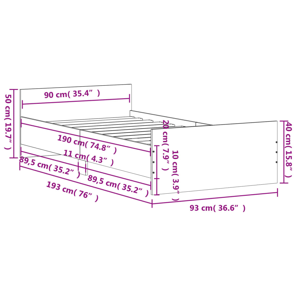 Bed Frame Black 92x187 cm Single Size Engineered Wood