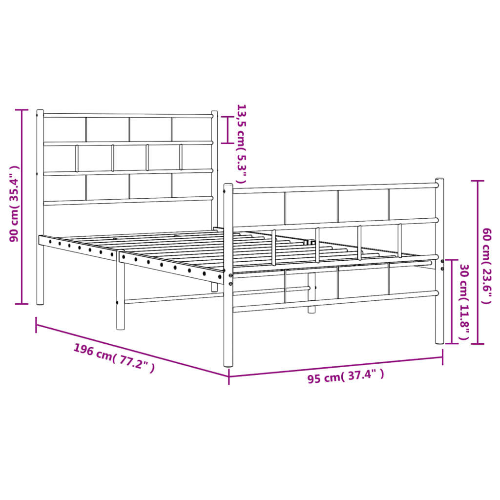 Metal Bed Frame with Headboard and Footboard Black 92x187 cm Single Size