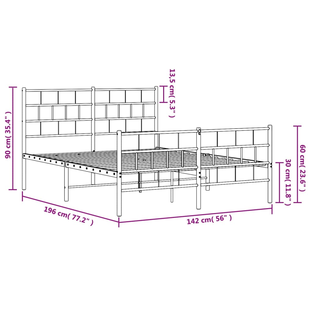 Metal Bed Frame with Headboard and Footboard Black 135x190 cm