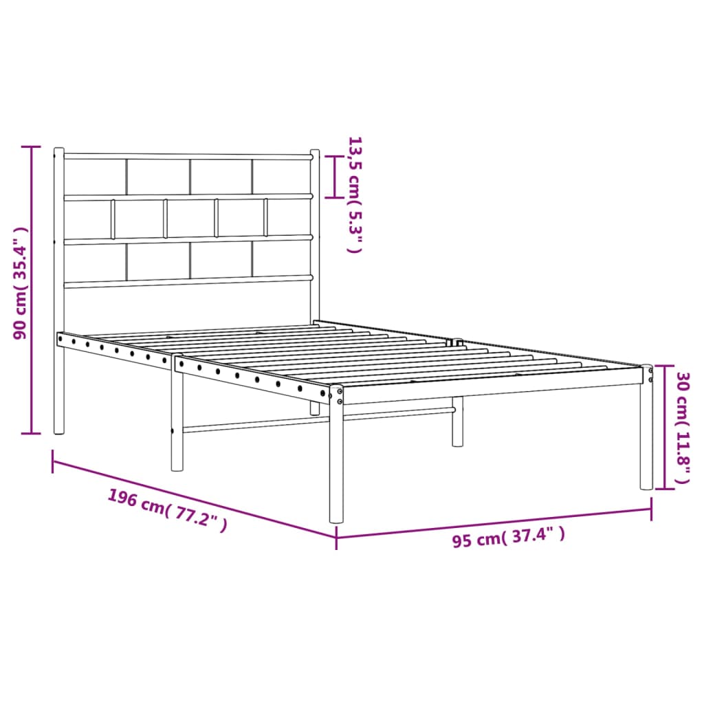 Metal Bed Frame with Headboard White 92x187 cm Single Size