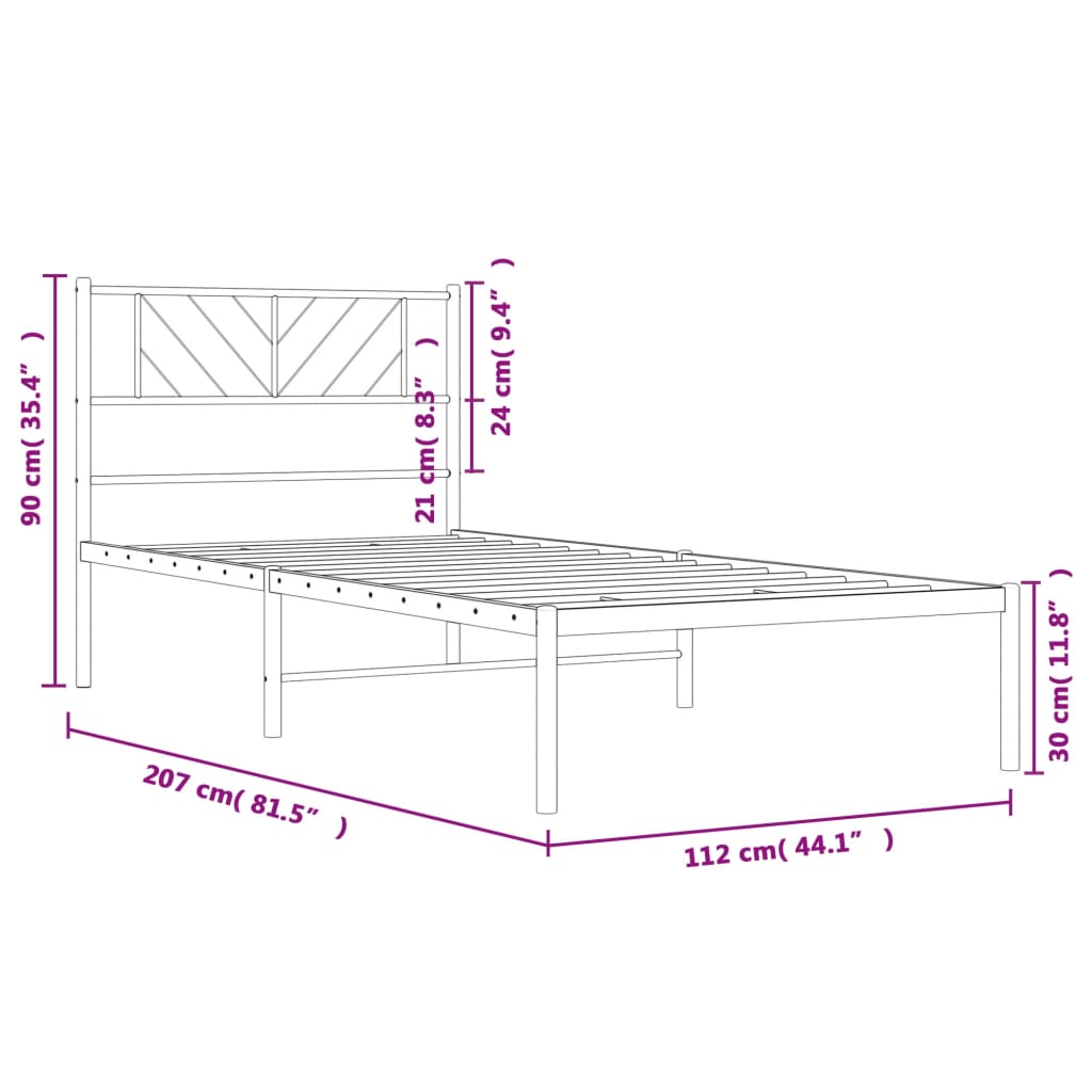 Metal Bed Frame with Headboard Black 107x203 cm