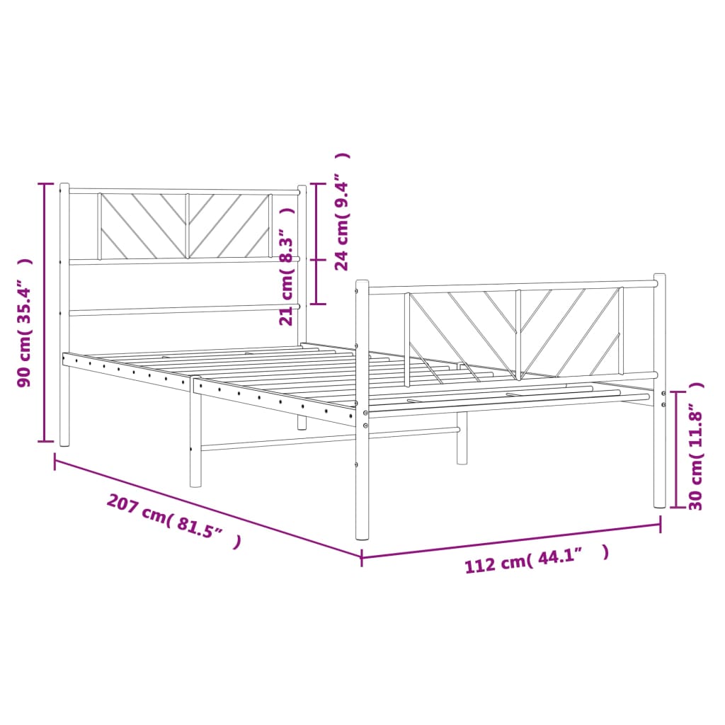 Metal Bed Frame with Headboard and Footboard Black 107x203 cm