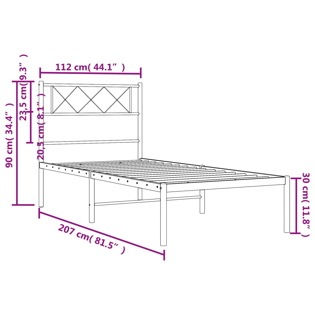 Metal Bed Frame with Headboard Black 107x203 cm