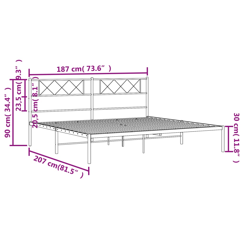 Metal Bed Frame with Headboard Black 183x203 cm King Size