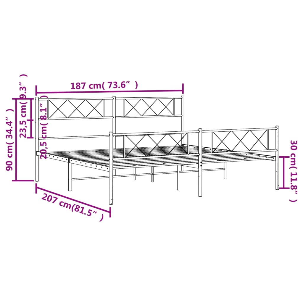 Metal Bed Frame with Headboard and Footboard Black 183x203 cm King Size