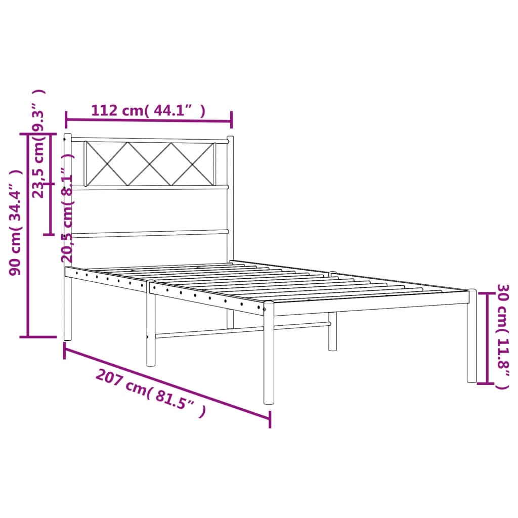 Metal Bed Frame with Headboard White 107x203 cm