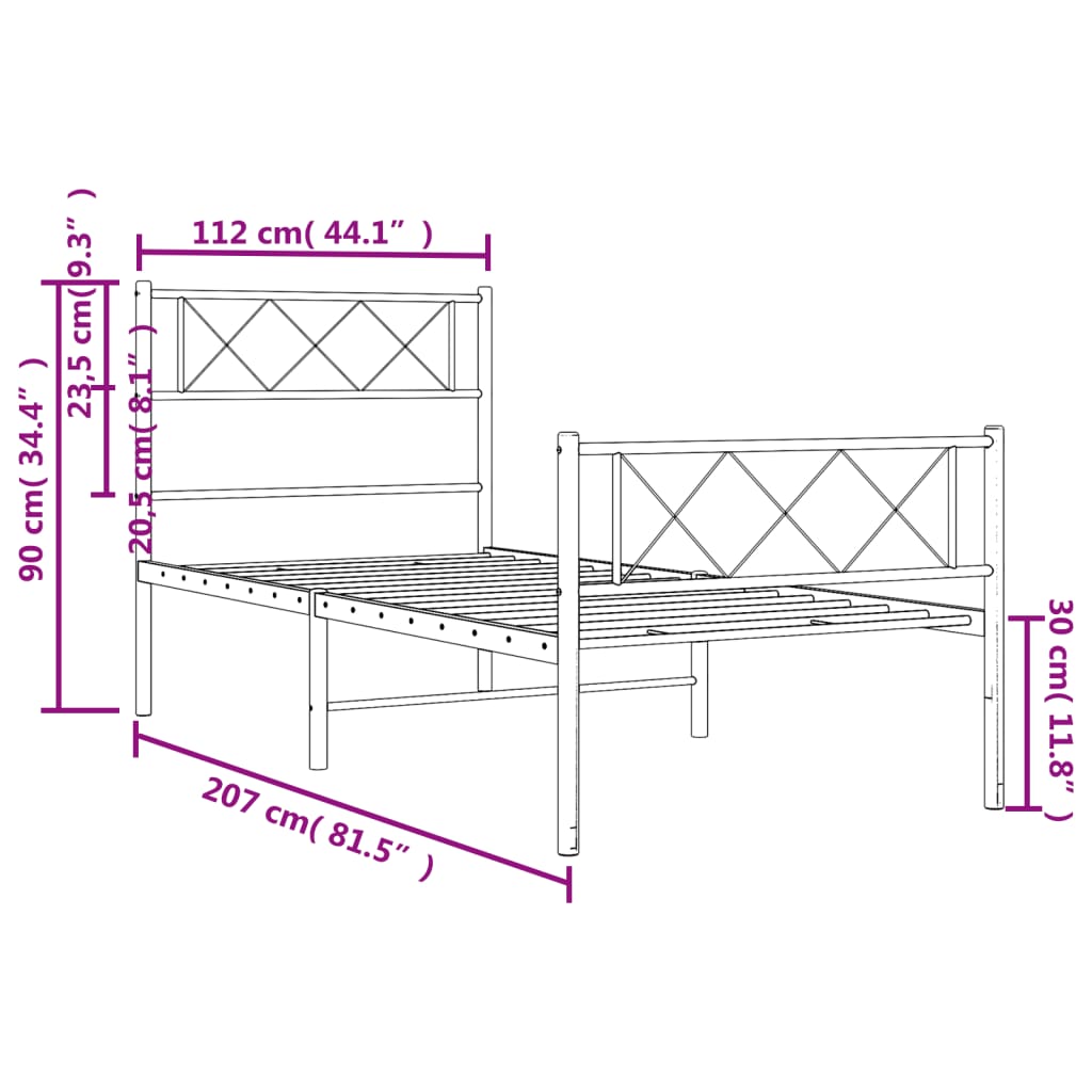 Metal Bed Frame with Headboard and Footboard White 107x203 cm