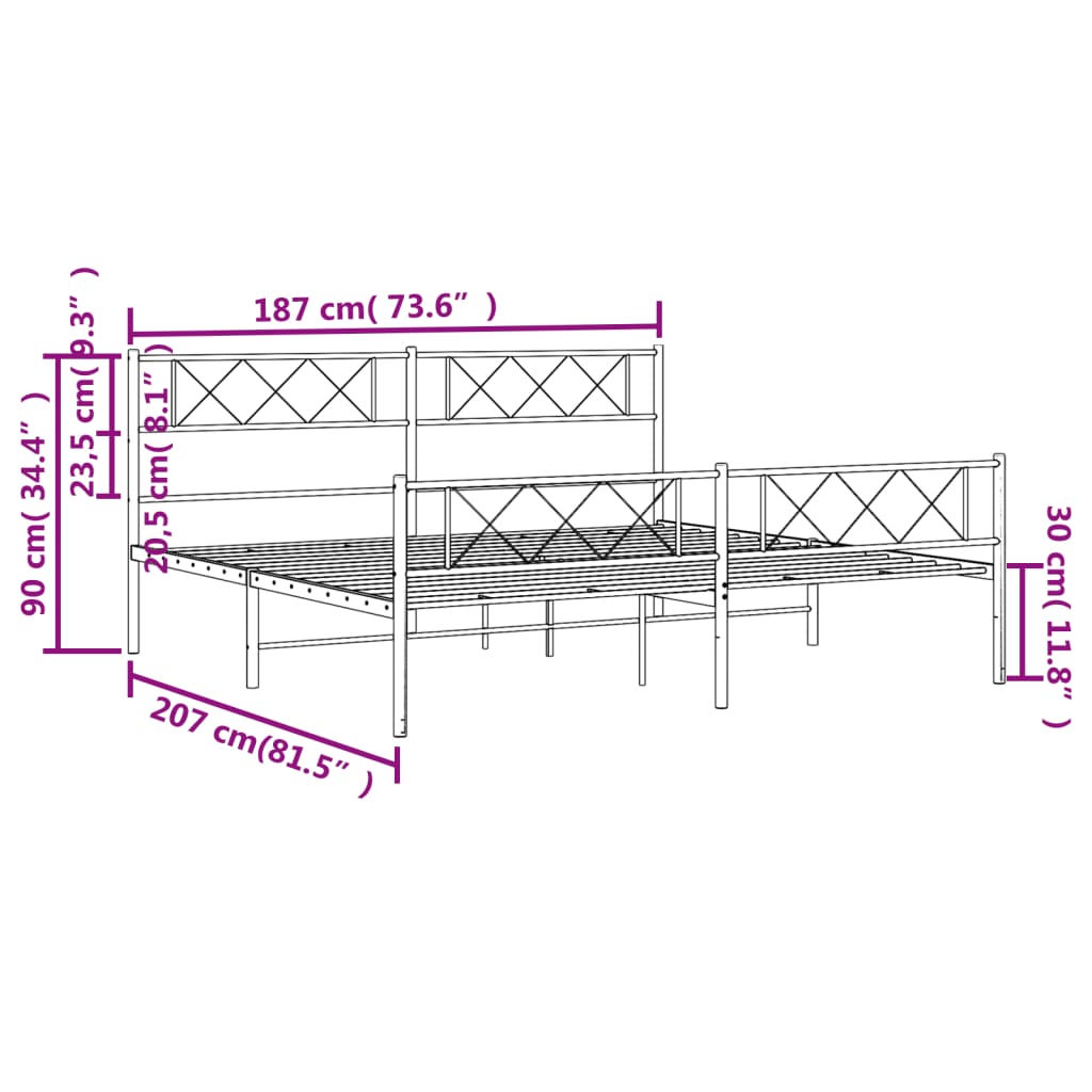 Metal Bed Frame with Headboard and Footboard White 183x203 cm King Size