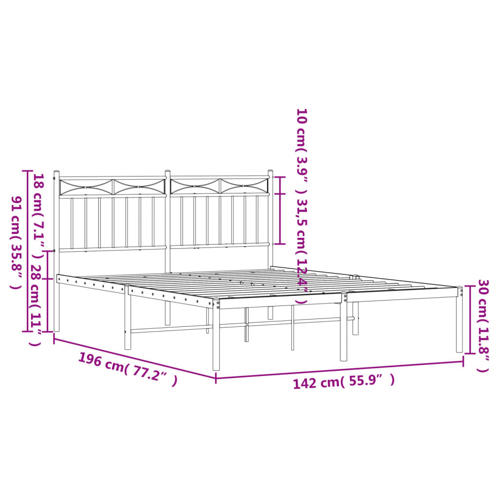 Metal Bed Frame with Headboard Black 135x190 cm