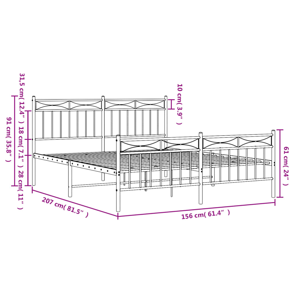 Metal Bed Frame with Headboard and Footboard Black 150x200 cm