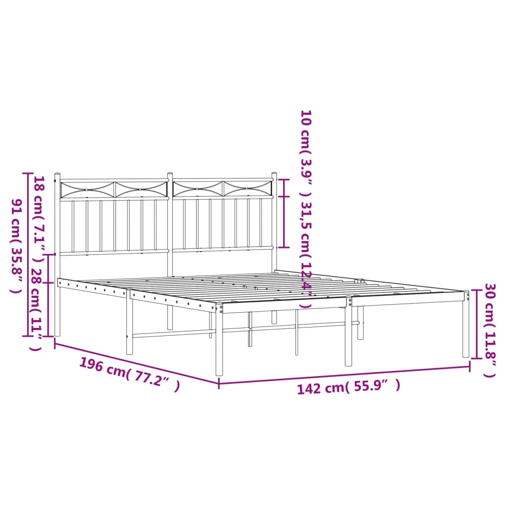 Metal Bed Frame with Headboard White 135x190 cm