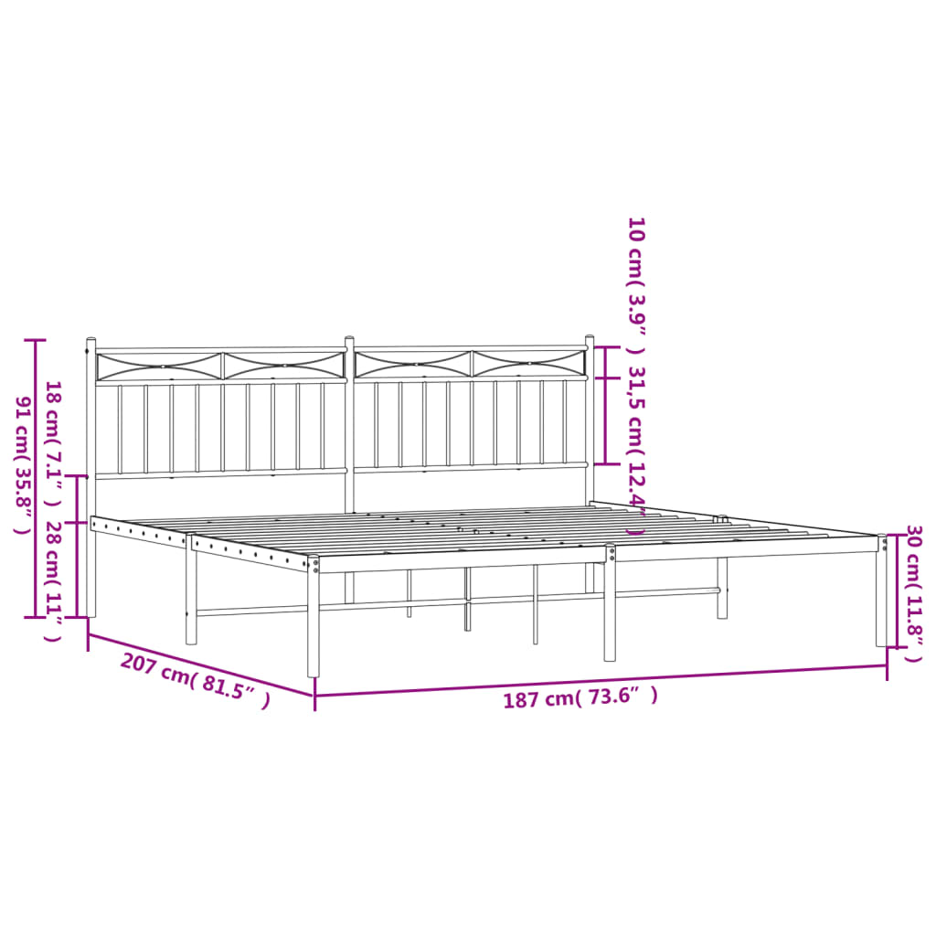 Metal Bed Frame with Headboard White 183x203 cm King Size