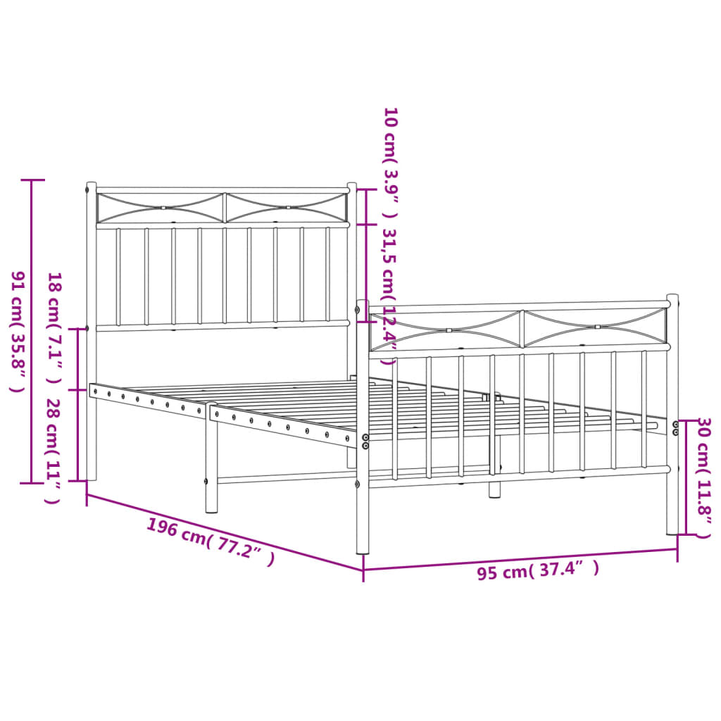 Metal Bed Frame with Headboard and Footboard White 92x187 cm Single Size