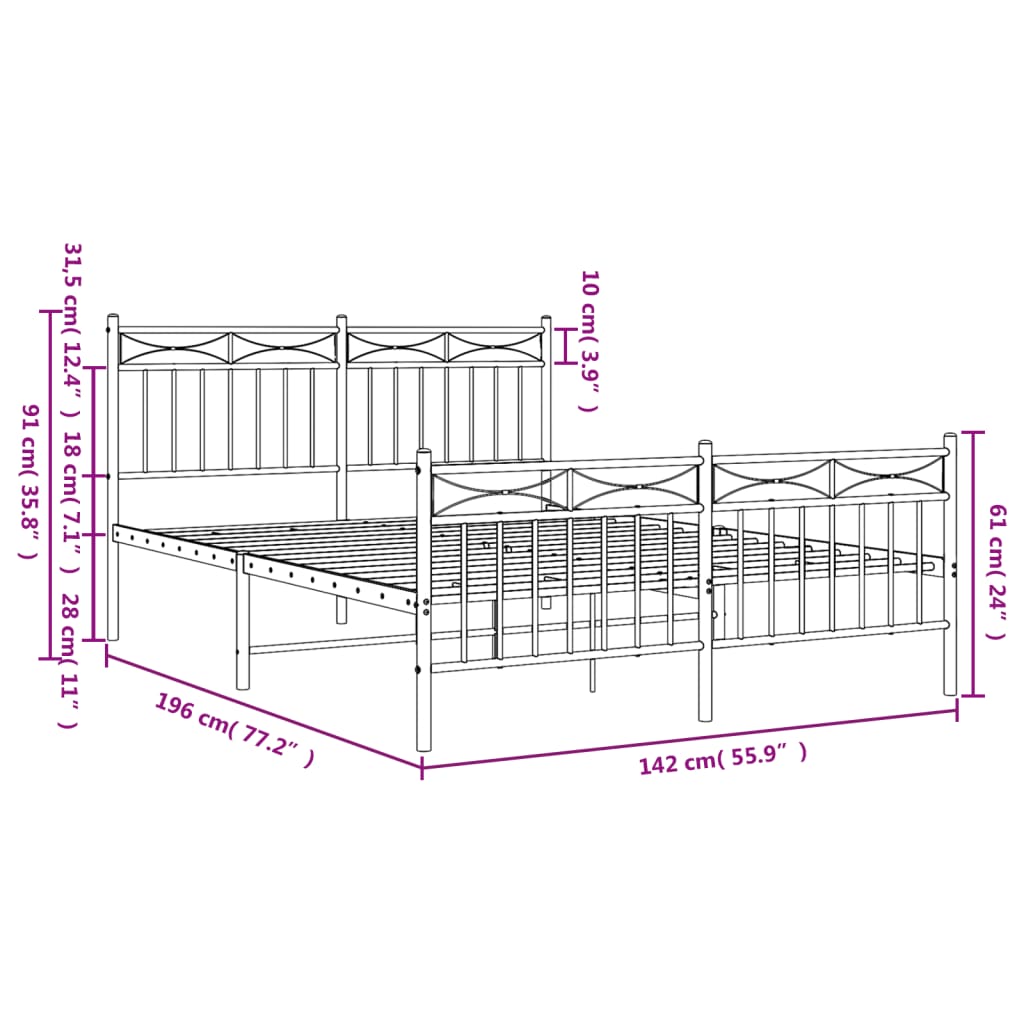 Metal Bed Frame with Headboard and Footboard White 135x190 cm